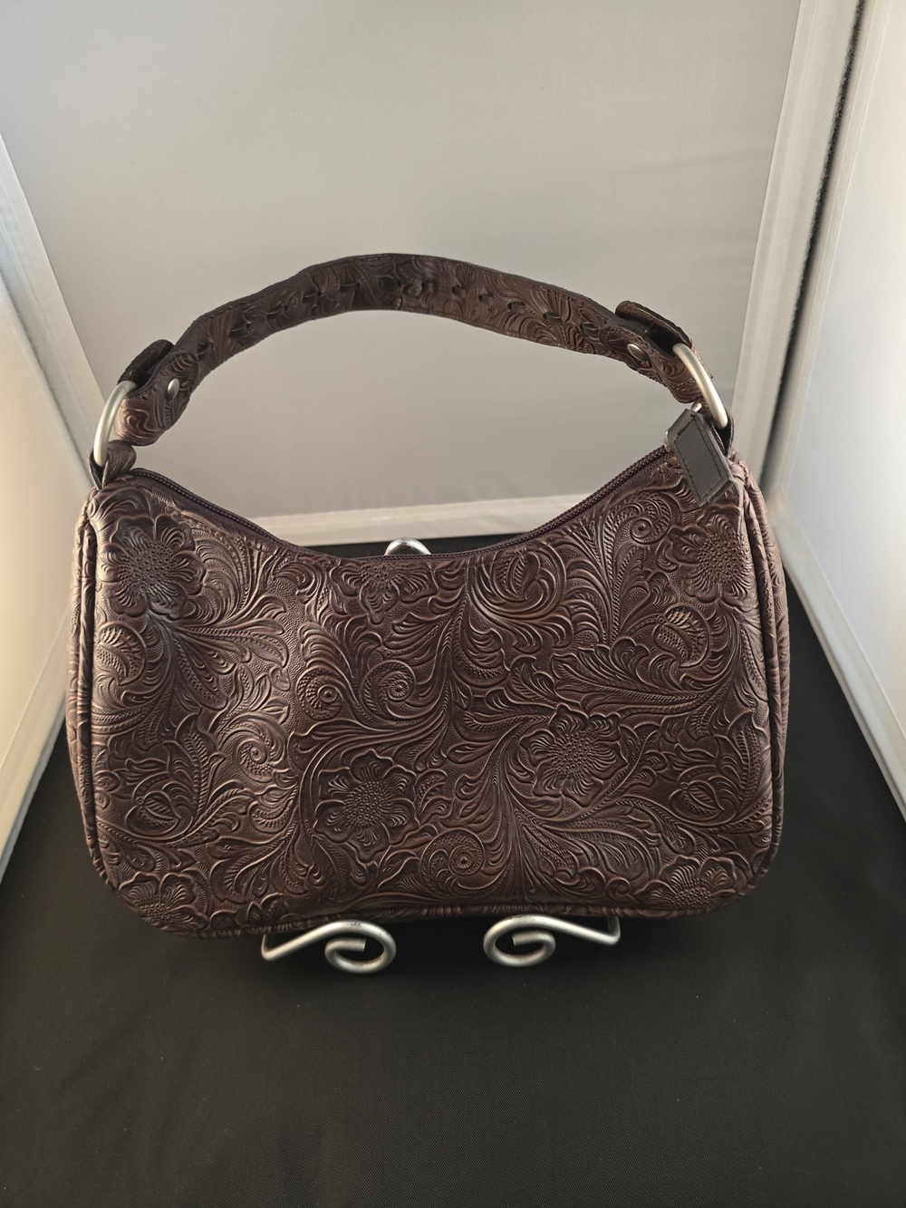 Embossed Floral Leather Shoulder Bag - Dark Brown